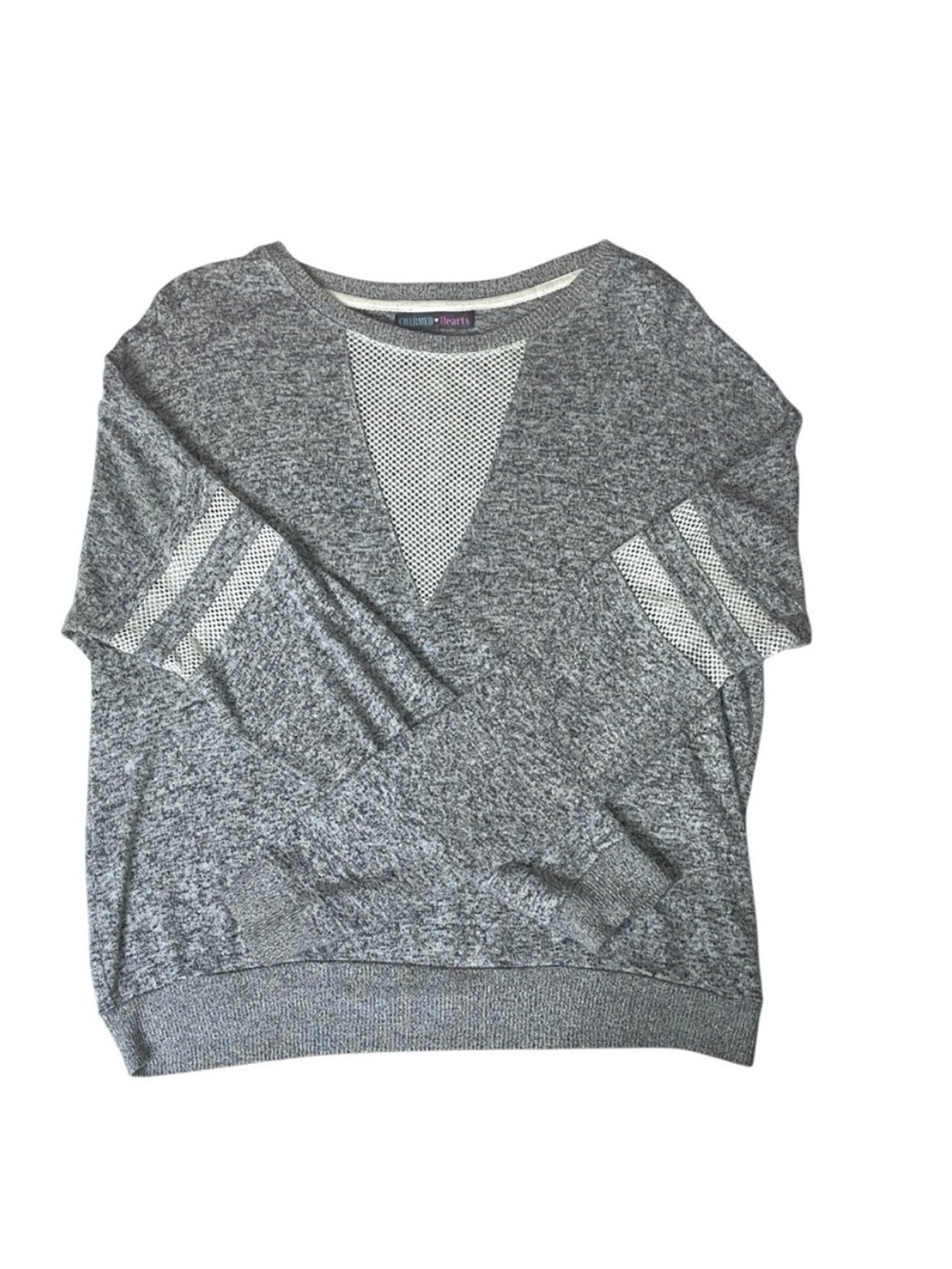 Charmed Hearts Hollow Out Mesh Stripe Sleeve Gray White Sweatshirt Sporty Large